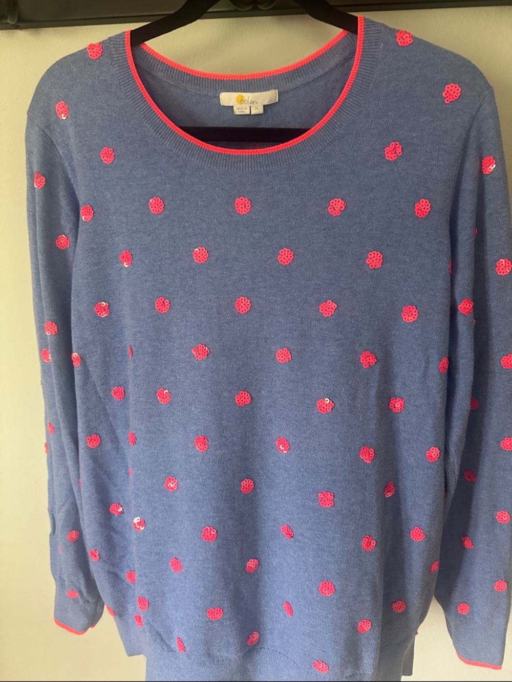 Boden Light Blue Sweater with Neon Pink Sequin Polka Dots